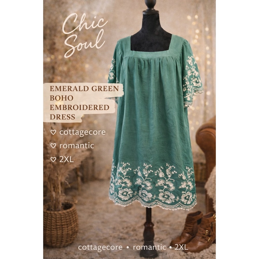 Chic Soul Emerald Boho Embroidered Dress 2XL Cottagecore Peasant Mini EUC